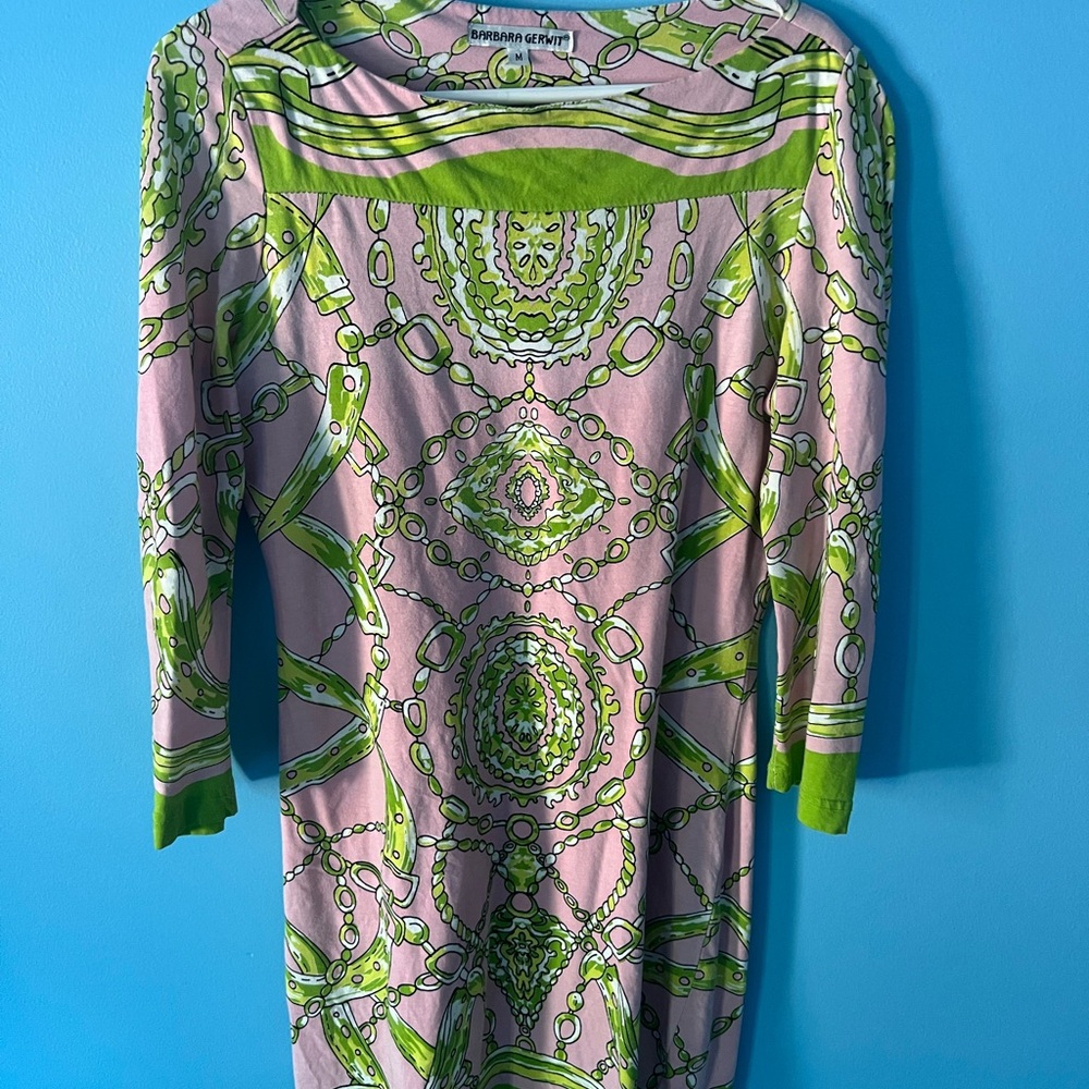 Pink & Green Patterned Boatneck Dress